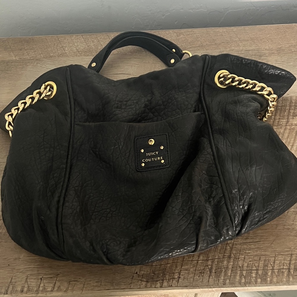 Juicy Couture Black Leather Hobo with Gold Chain Accents